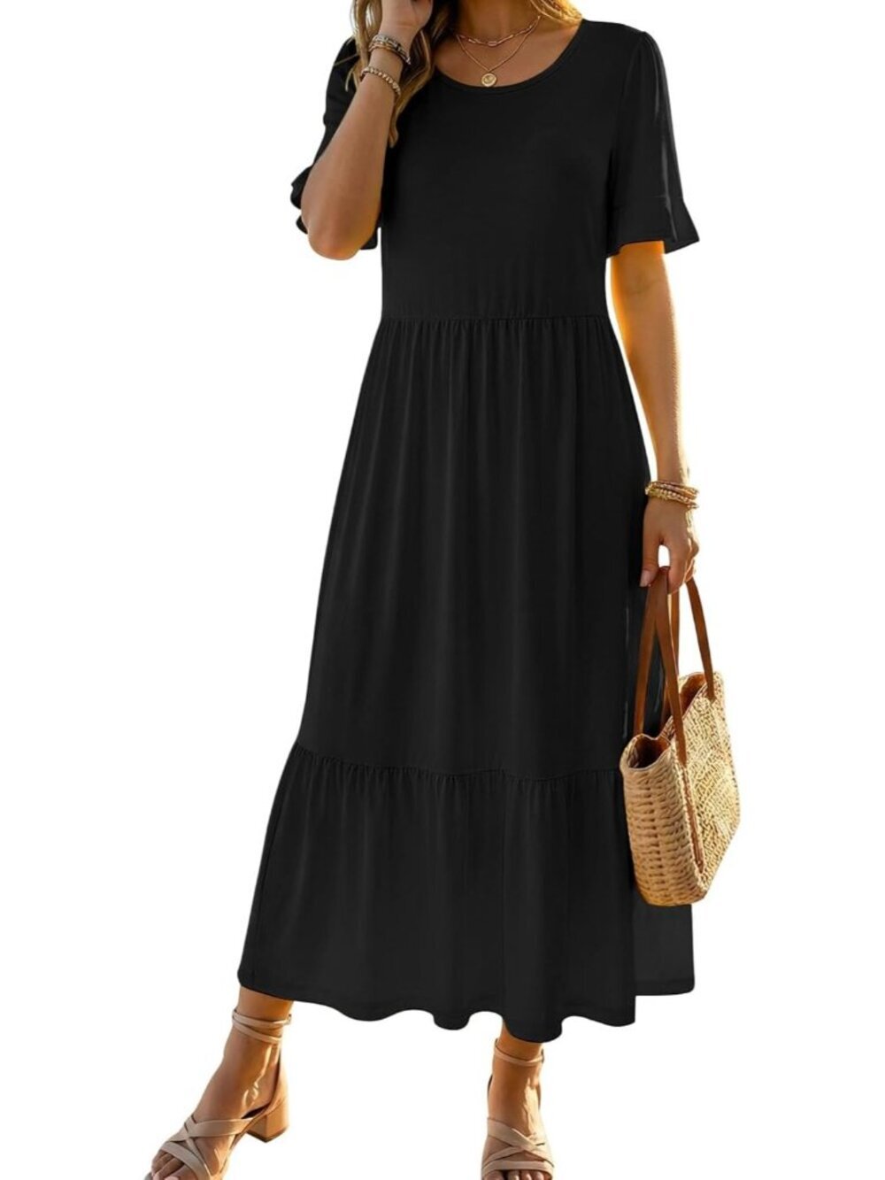 Women's Black Casual Midi Dress Crew Neck Ruffle Short Sleeve Tiered Sundress